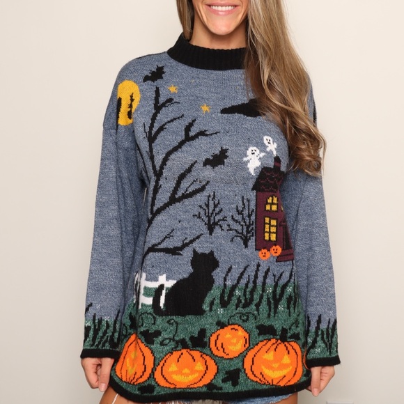 Vintage Halloween Scene Knit Pullover Sweater - Picture 1 of 4